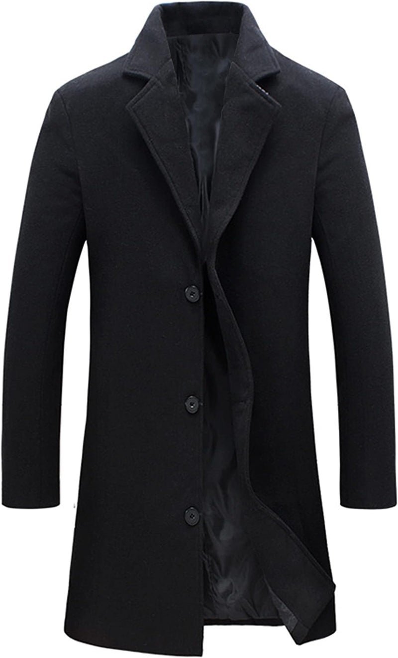 Springrain Men's Wool Blend Pea Coat Notched Collar Single Breasted Overcoat Warm Winter Trench Coat(Black-L) - Image 1